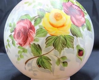 Antique Opal Glass Ball Hand Painted Lamp Shade 9" Diam Victorian Roses Scene