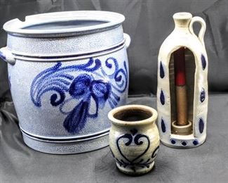 Vintage German Glazed Pottery Stoneware including Rumtopf Crock, Maple City Pottery Cup, Monmouth Ill. and Candle Holder
