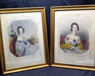 Pair of Victorian Lady Framed Lithographs 15" x 11.5"