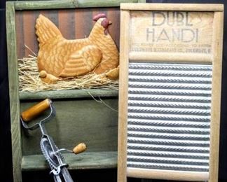 3 Piece Vintage Country Wall Spice Rack Shelf Towel Bar, Double Handi Wash Board and Vintage Hand Blender with Wooden Handles