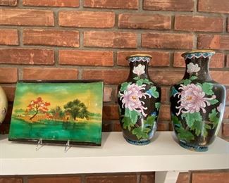 Oriental decorative items.  Vases are cloisonne.
