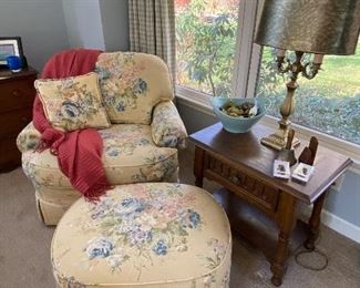 $145.00 Floral print chair & ottoman, $65.00 Oak stand, $25.00 lamp. 