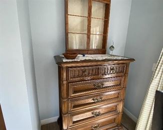 $150.00 Tall chest.  On top is wall-mount display cabinet $90.00