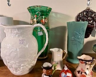 Minton white pitcher, enamel - decorated green vase, Van Briggle pottery vase, and other items