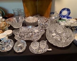 Brilliant cut glass oversize bowl, and ice cream set (tray & 6 individuals....signed Libbey), along with other signed glass