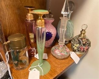 Collection of perfume bottles, large one signed DeVilbiss, 