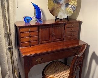 Adorable writing desk $135.00, blue glass sculptures, large glass charger