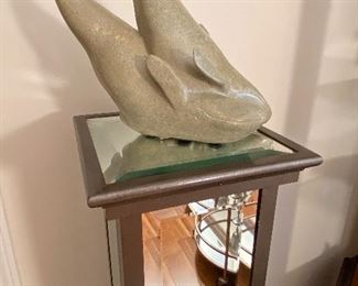 $148.00 Stone carving of whales (Inuit), displayed on a beveled mirror pedestal $85.00