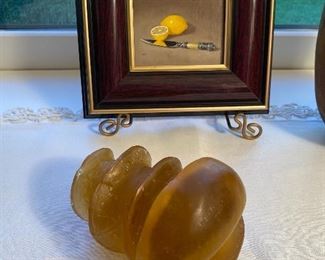 $450.00 Cast glass screw sculpture,  Miniature still life of lemons
