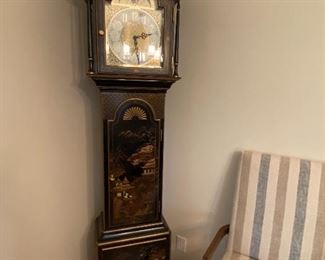 $475.00 Chinoiserie decorated tall case clock (grandfather clock) with triple chime choice on the 1/4 hour.