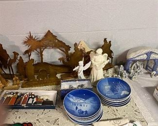 Nativity set, Christmas plates, etc. 