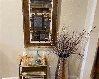 $54.00 Two nesting tables, $154.00 Framed collage, $25.00 Hammered floor vase, and more