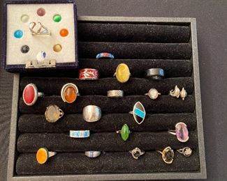 Sterling rings.  Diverse selection including Amber, Amethyst, Turquoise.....