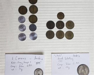 Coins of Austria ~ 1895 Ten Heller, 1899 One Corona, 1935 Funf Schilling, and coinage from 1950s to 1970s