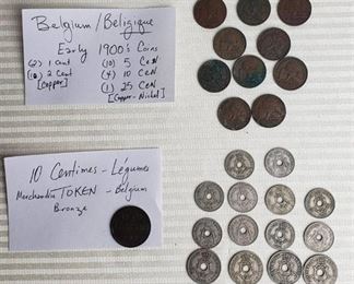 Coins of Belgium ~ Early 1900s ~ (2) 1 cent, (10) 2cent, (10) 5 cent, (4) 10 cent, (1) 25 cent and 1 Merchandise Token