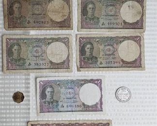 Coins/Currency of British Ceylon (Sri Lanka)) ~ 1900s ~ 2 cent coin (1957), 25 cent bill (1942), (5) one rupee bills (1942/1943) & 1965 Rupee Coin, and 5 Rupee bill (1942)