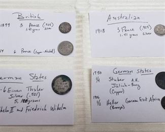 Coins of Britain, Australia and German States ~ 1899 British 3 Pence & 1954 British 6 Pence; 1918 Australian 3 Pence; and 1842 1/6 Einen Thaler, 1750 1/4 Stuber & 1906 1/2 Heller German East Africa