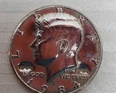 Magic Coin, 1984 P Kennedy Half Dollar stamped 1960 & 1980, and Gold tone 1996D Lincoln Penny