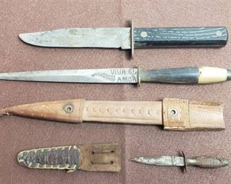 Vintage Bake-lite Handle Knife, Inscribed Bone Handle Dagger/Letter Holder w/Sheath and Mini Dagger w/Sheath