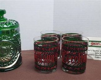 Green Iridescent Imperial Carnival Glass Hobstar Tobacco/Candy Jar w/ Lid (8.25 in. tall) and Set of 2 Vintage SEASON'S GREETINGS Glasses
