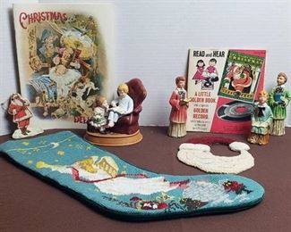 Vintage Christmas Decor ~ Christmas Carolers, Stocking, Book, Christmas Memories Figurine, Books/Record Set (1949) and Santa Patch