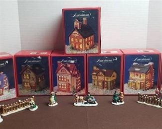 Americana Porcelain Collectable Village (7 Buildings) and Figurines