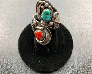 Native American Robert Kelly Sterling, Coral & Turquoise Ring