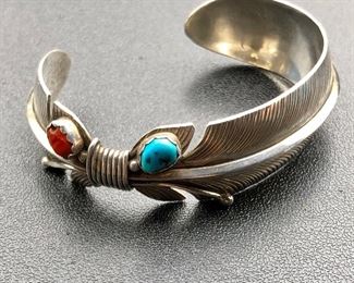 Native American Vivian Jones Sterling, Coral & Turquoise Feather Bracelet