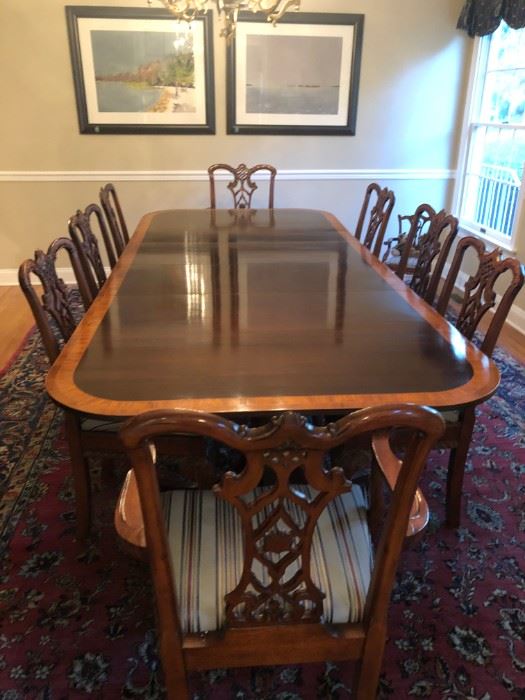 Dining Room Set:  Immaculate Chippendale dining room table with 6 side chairs and 2 armchairs and breakfront featured in other photos.  Table pads included.  Clients would like to sell the entire dining room set with the breakfront and not break it up.