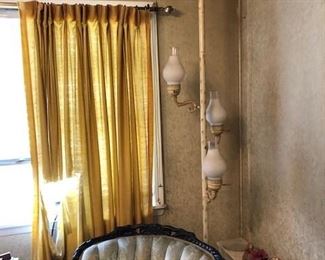 vintage standing lighting fixture, chair, drapes