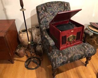 Record Player, Arm Chair, Floor Lamp, Clay Urns 