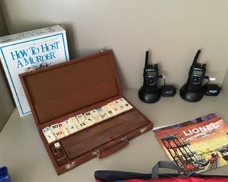 Rummikub in carrying case, How to Host a Murder game, Motorola walkie-talkies, vintage Lionel train catalogs