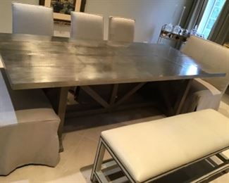 Industrial Farmhouse trestle table.  Metal wrapped top. Measures 32 in H x 43 in W x 94 in L