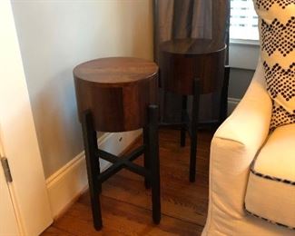 Pair of maple blocks on metal end tables