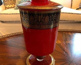 pair of red glass lidded urn vase