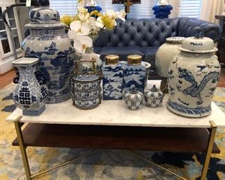 gropu of blu and white chinoiserie vases and jars