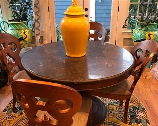 Arhaus Bluestone Top with barn wood base. The Luca Table 48”