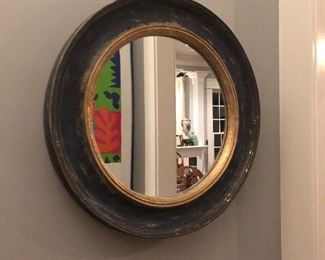 Blue gold distressed round mirror