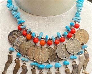 Turquoise and 10 centavos necklace with red coral, "Money walks"