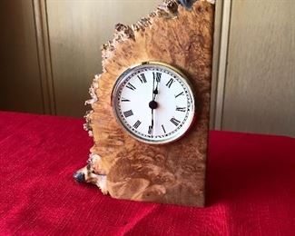 Charles Elkham burled wood clock. Approx. 7.5" tall.
