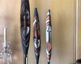 Set of three, decorative tribal masks, on bases.