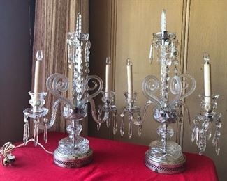 Vintage, crystal tabletop chandeliers. Set of two. Each stand approx. 16" tall.
