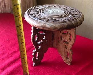 Vintage Indian Hand Carved, Folding Wooden Side Table With Inlaid Top Koi Fish Stands about 8" tall. 