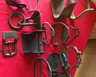 Assorted brass stirrups and saddle buckle. Set of 2 wooden stirrups.