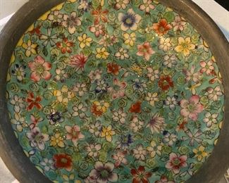 Enamel cloisonne plate surrounded by metal