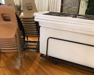 Lots of large white folding tables $20 each, stacking chairs $5 each