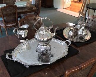Silver plate tea pot, large serving tray, coffee service with tray