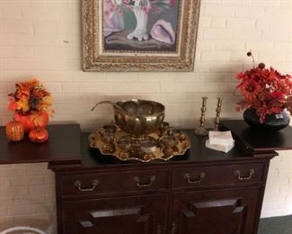 Server, brass punch bowl & cups, original art