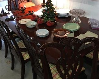 Dining table & chairs, Fostoria cakeplate, ceramic Christmas tree