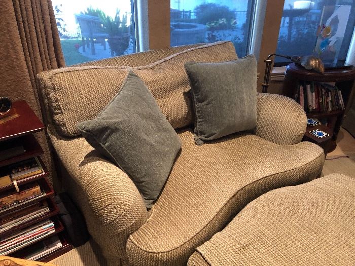 $700.   Custom chair + 1/2 and ottoman.  Robert Allen fabric.  Chair: 35H x 54W x 46D.  Ottoman: 16H x 44W x 30D.  ($4000 when new)  